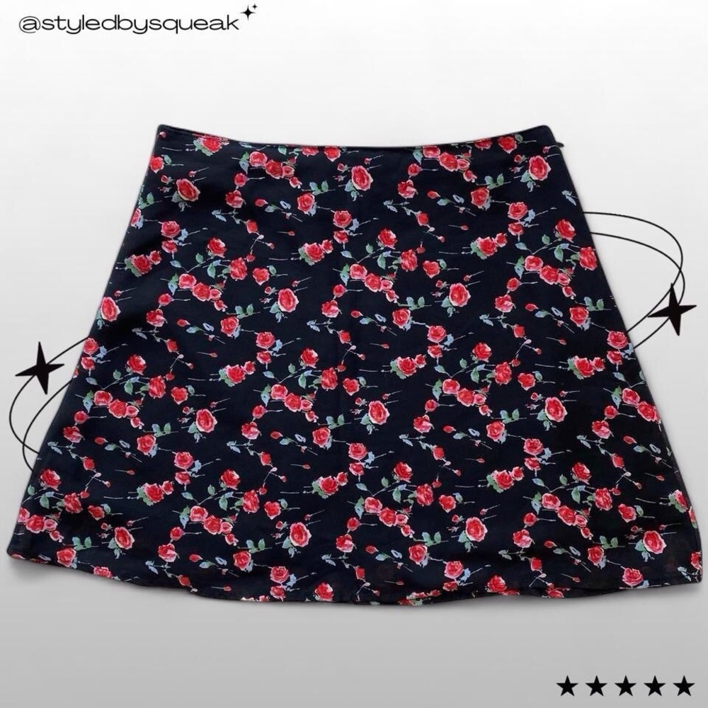 California Connection Y2K Vintage Black Red Ditsy Floral Mini Skirt Small
